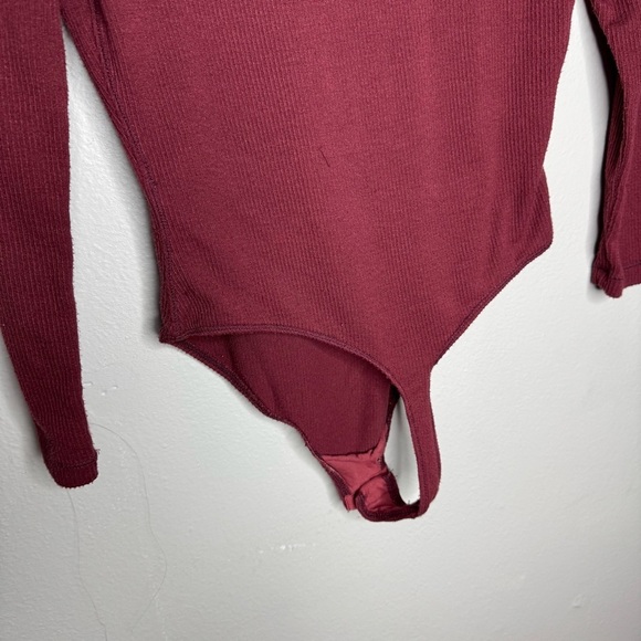 Intimately Free People Thong Bodysuit Long Sleeve Scoop Neck Ribbed Wine Red - Picture 5 of 9